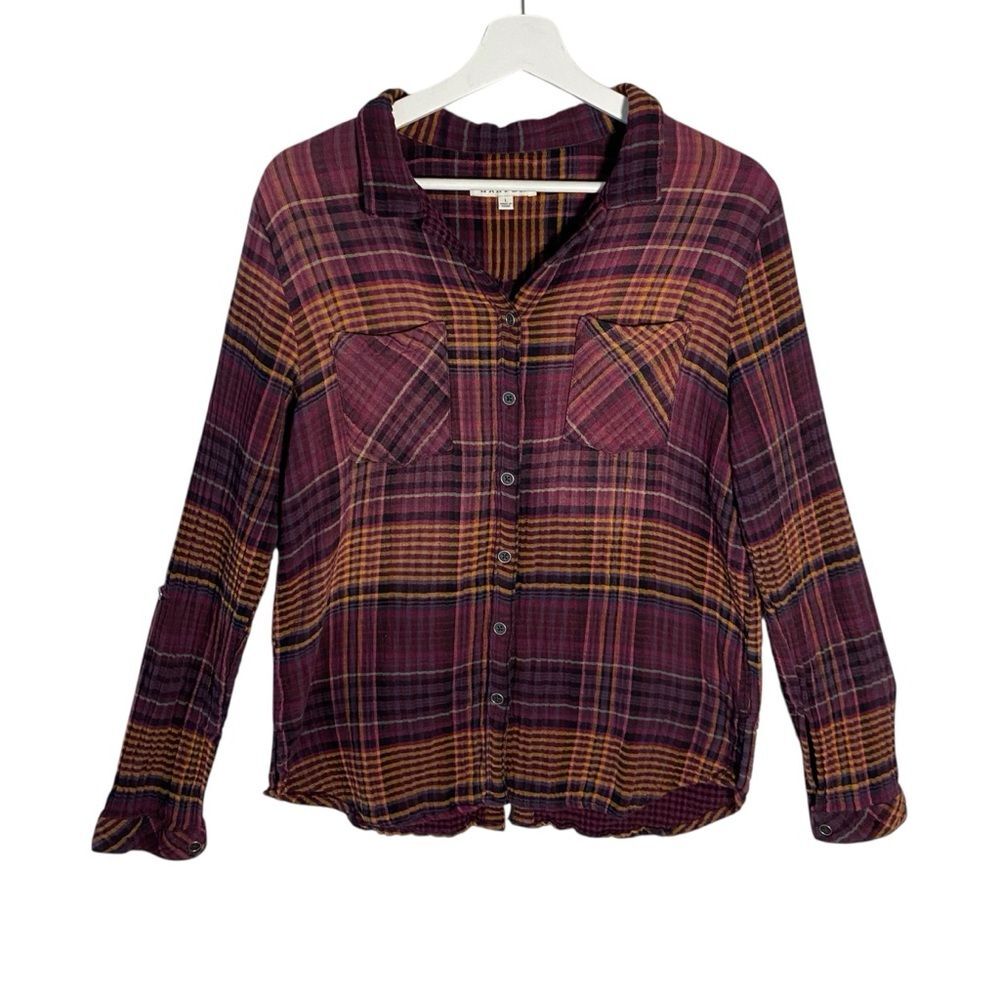 Harper  Purple Plaid Button-Down Shirt Women's Size L Layering Long Sleeve